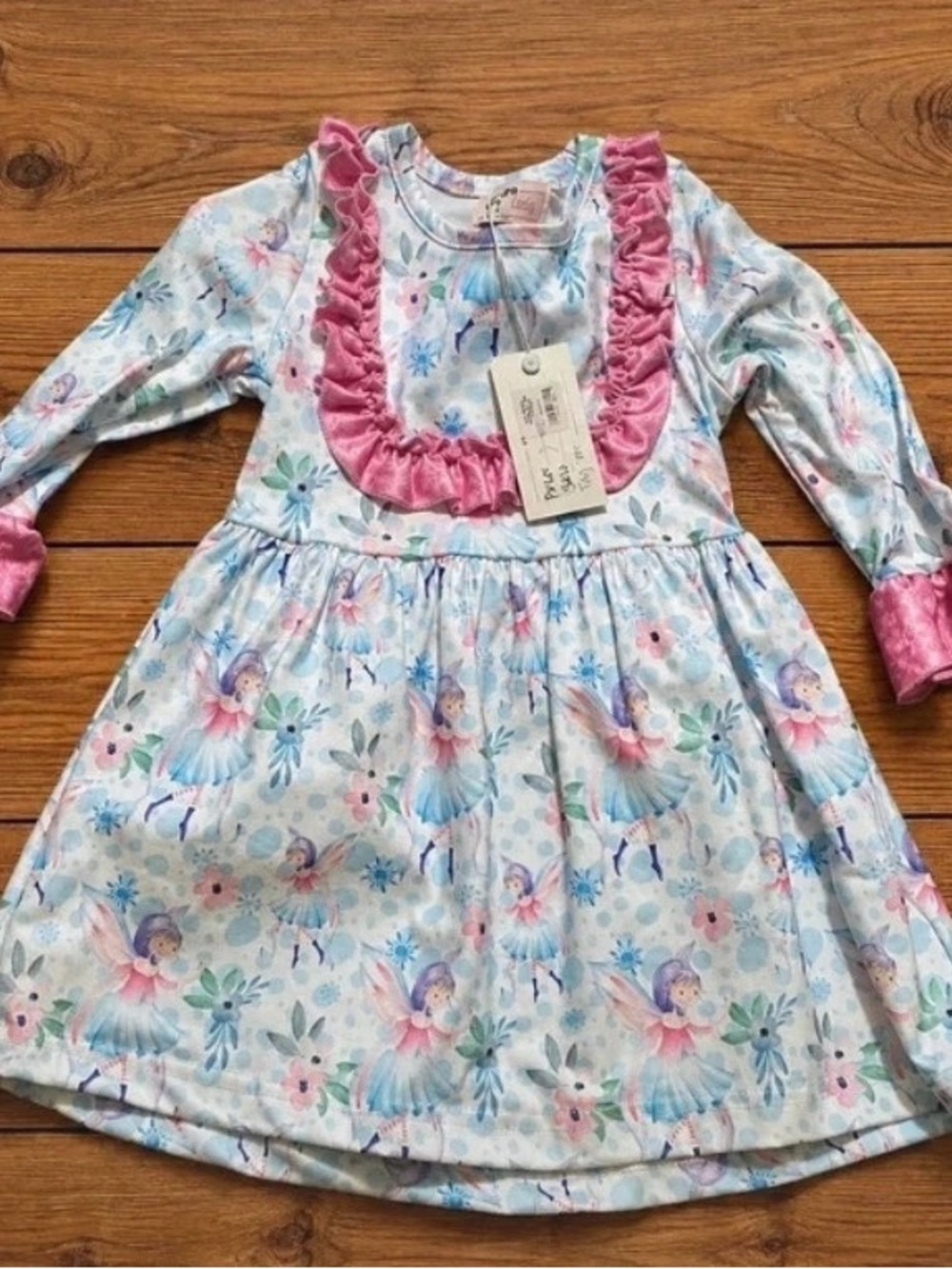 Girls Blue Fairy-Print Long Sleeve Dress with Pink Ruffle Trim